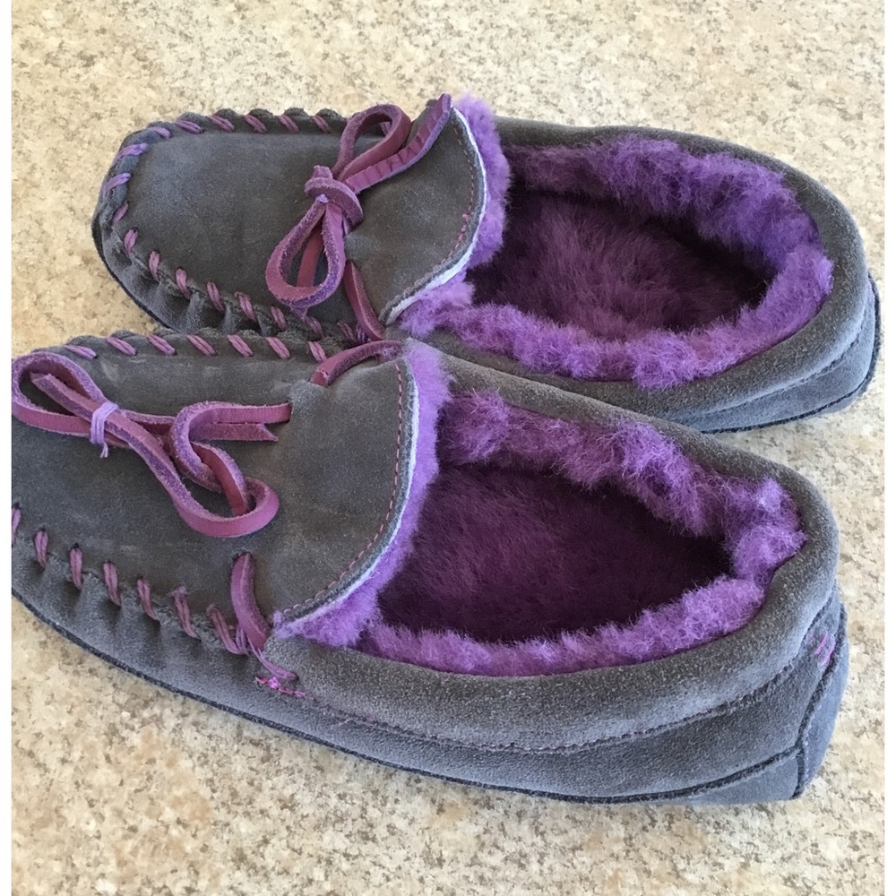 L.L. Bean Kids Gray Suede Moccasins with Purple Lining